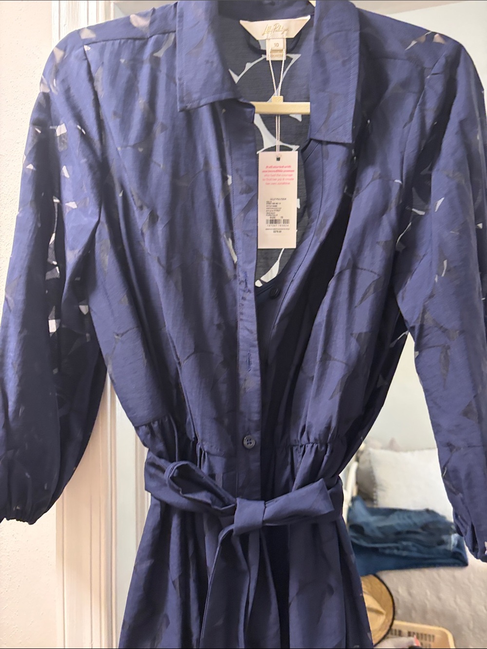 Lilly Pulitzer Navy Blue Long-Sleeve Shirt Dress with Waist Tie
